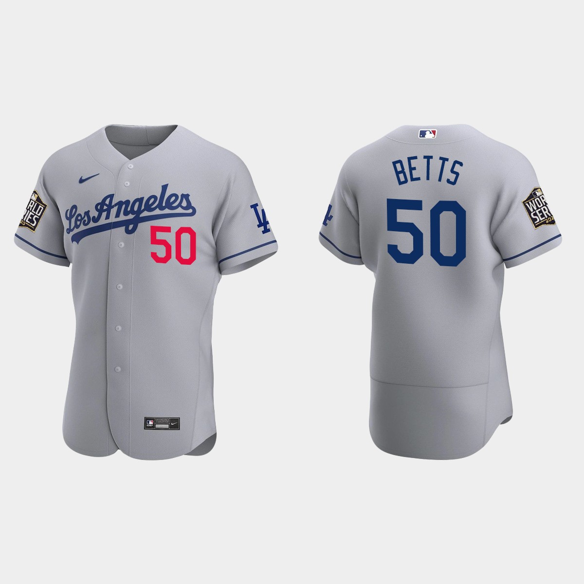Los Angeles Dodgers #50 Mookie Betts 2020 World Series Road Jersey - Gray