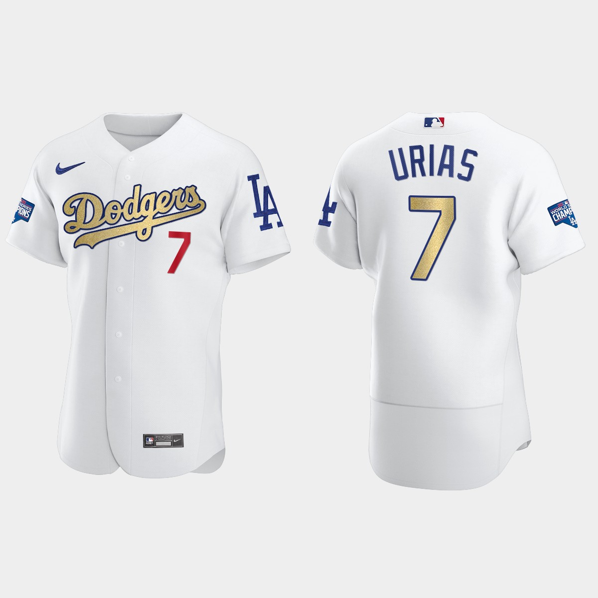 Los Angeles Dodgers #7 Julio Urias 2020 World Series Champions Gold Program Jersey - White