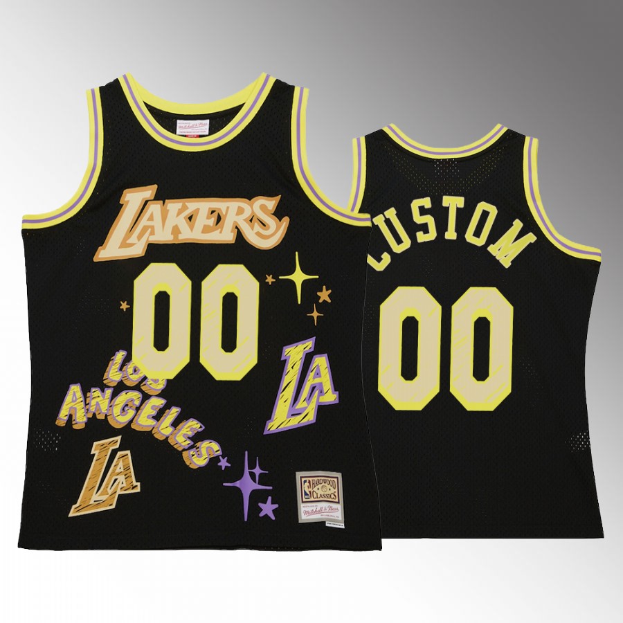 Los Angeles Lakers Custom Black Sidewalk Sketch Men Jersey Hardwood Classics