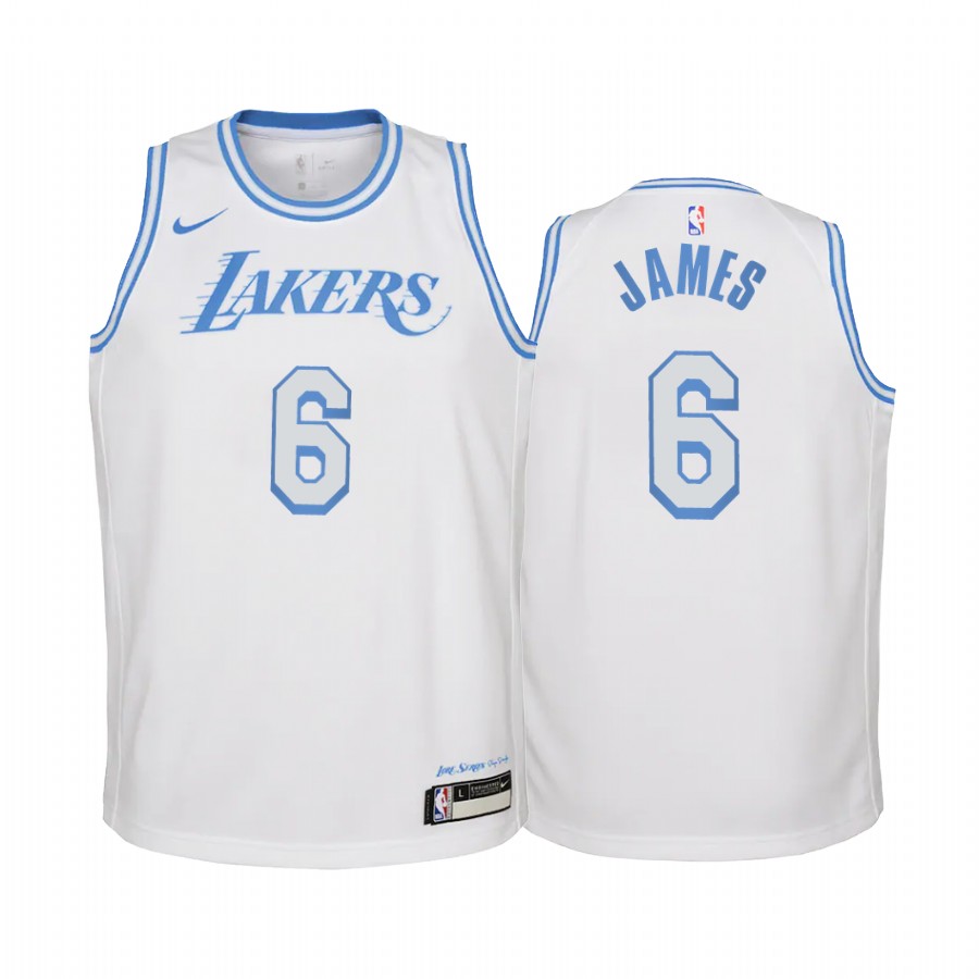 Los Angeles Lakers LeBron James 2021-22 City Edition White Youth Jersey Change Number #6