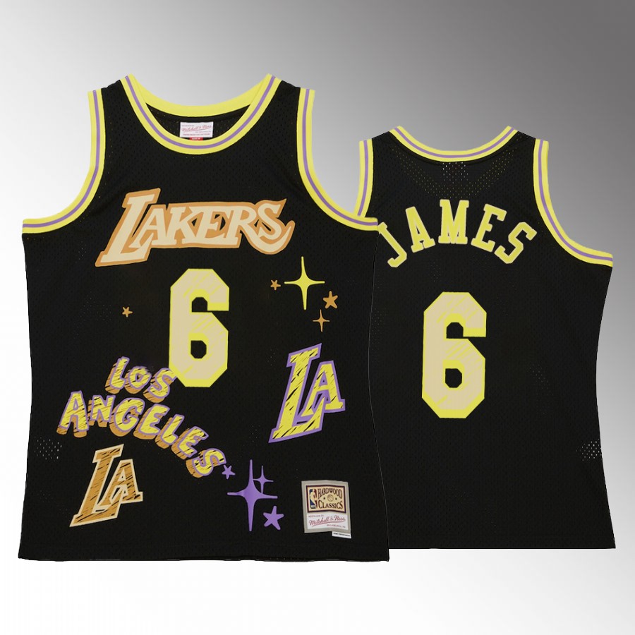 Los Angeles Lakers LeBron James Black Sidewalk Sketch Men Jersey Hardwood Classics