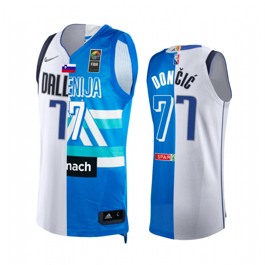 Luka Doncic 2021 First Olympics Berth Slovenia X Mavericks #77 White Blue Jersey Dual Teams Split