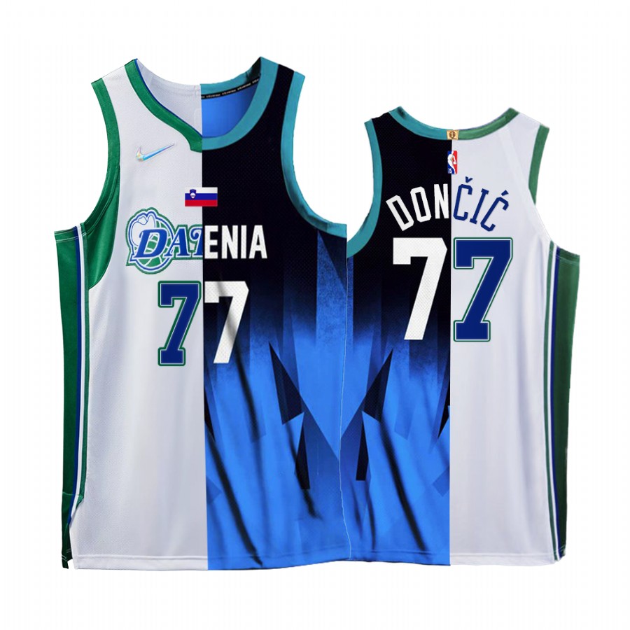 Luka Doncic 2021 Tokyo Olymipcs Debut Mavericks X Slovenia #77 White Blue Jersey Dual Teams Split