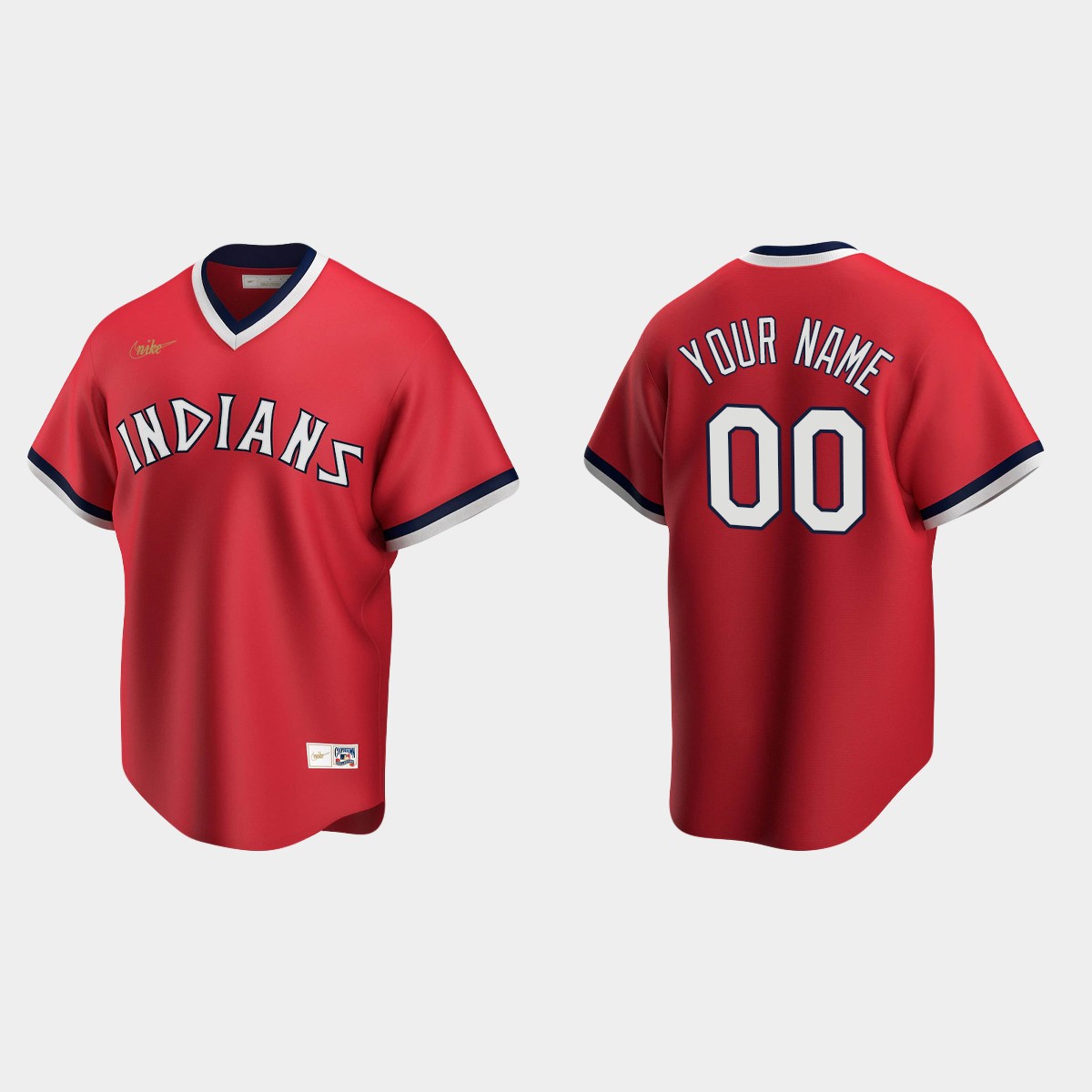 Men's Custom #00 Cleveland Indians Cooperstown Collection Road Jersey - Red