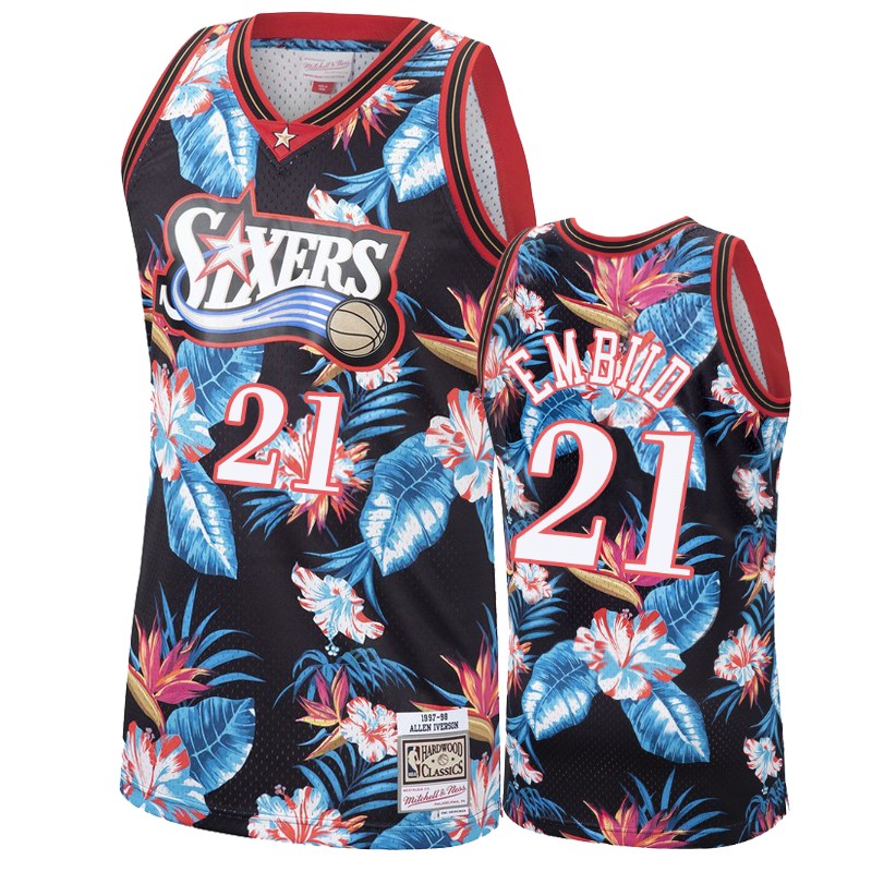 Men's Philadelphia 76ers #21 Joel Embiid Floral Fashion Jersey