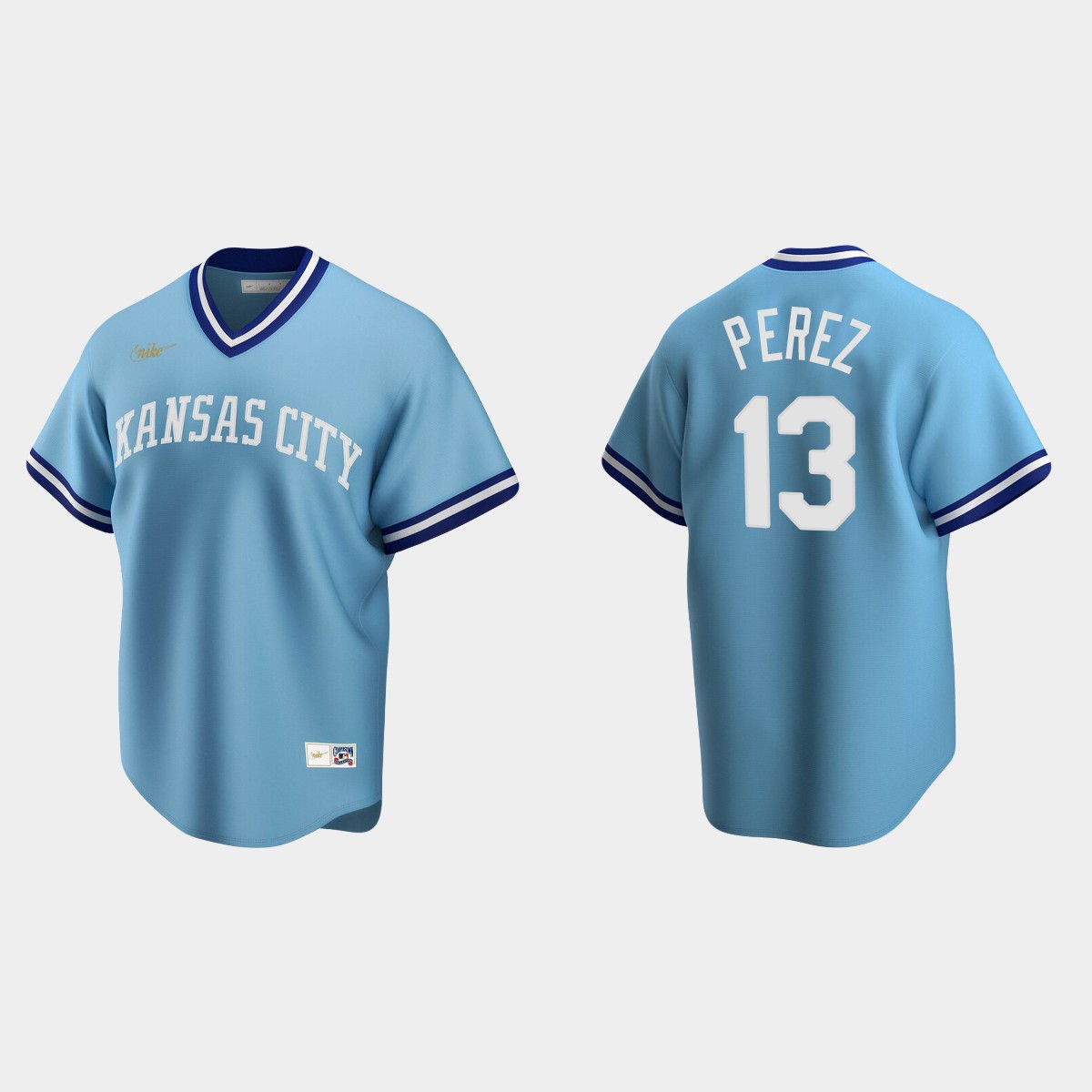 Men's Salvador Perez #13 Kansas City Royals Cooperstown Collection Road Jersey - Light Blue