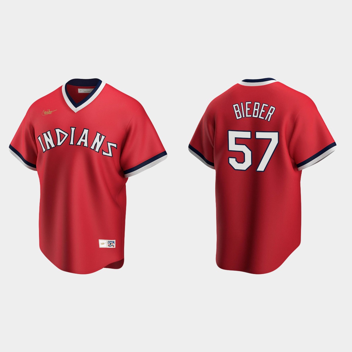 Men's Shane Bieber #57 Cleveland Indians Cooperstown Collection Road Jersey - Red