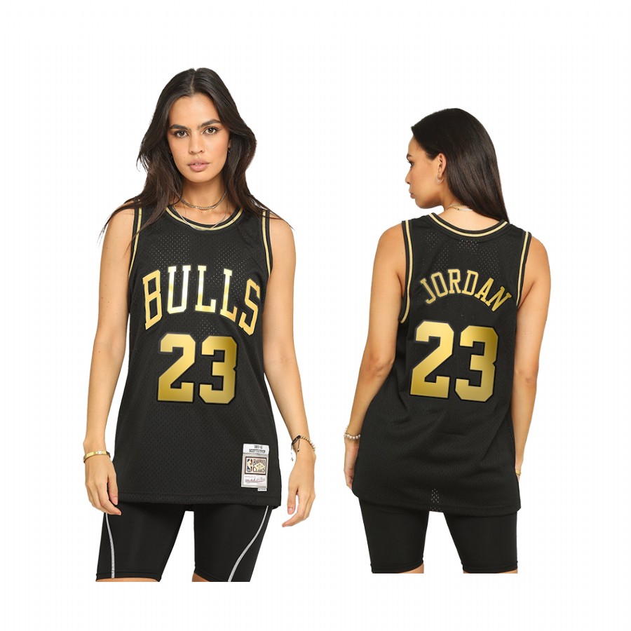 Men Michael Jordan Chicago Bulls Throwback Black Jersey Golden Limited Allocation
