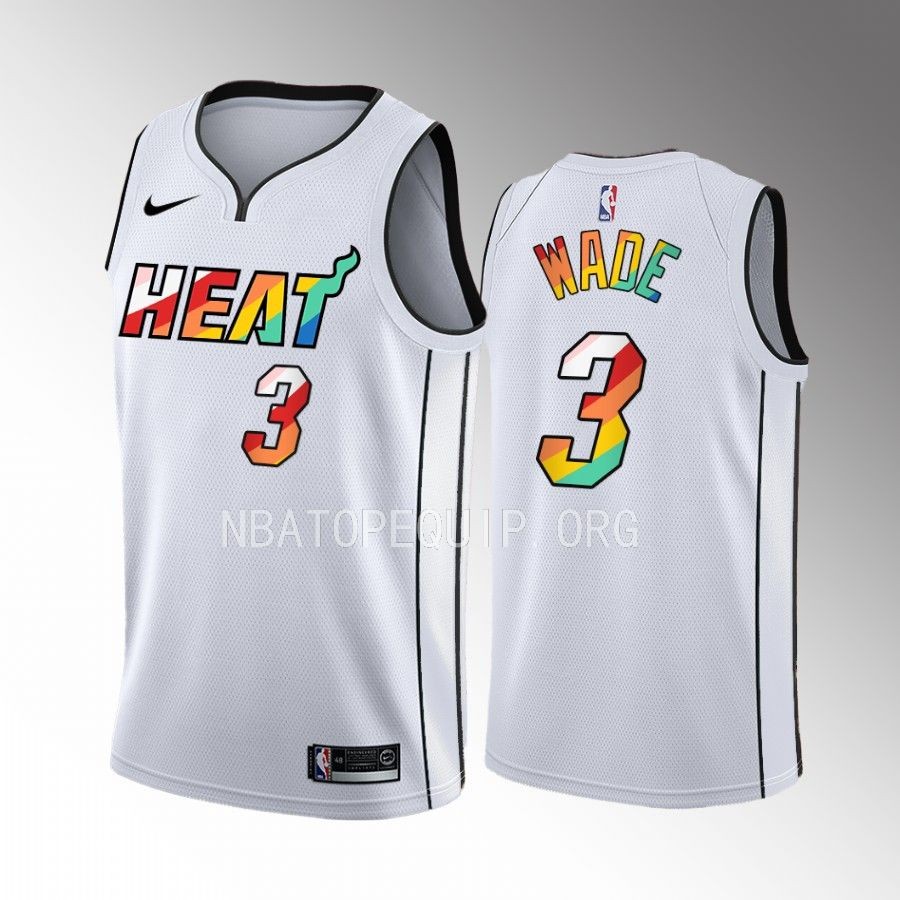 Miami Heat 2023 Pride Dwyane Wade White #3 Jersey Rainbow
