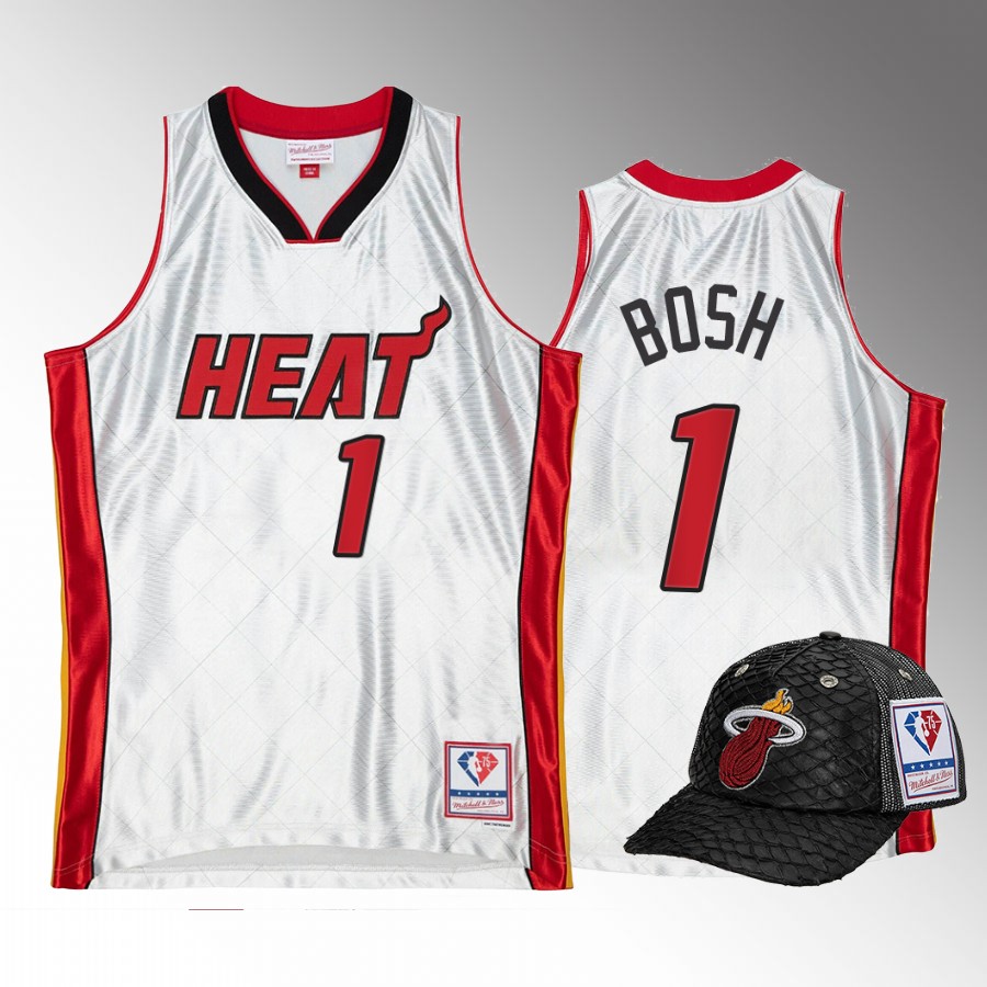 Miami Heat Chris Bosh 75th Platinum Jersey #1 White Lux Trucker Hat Set