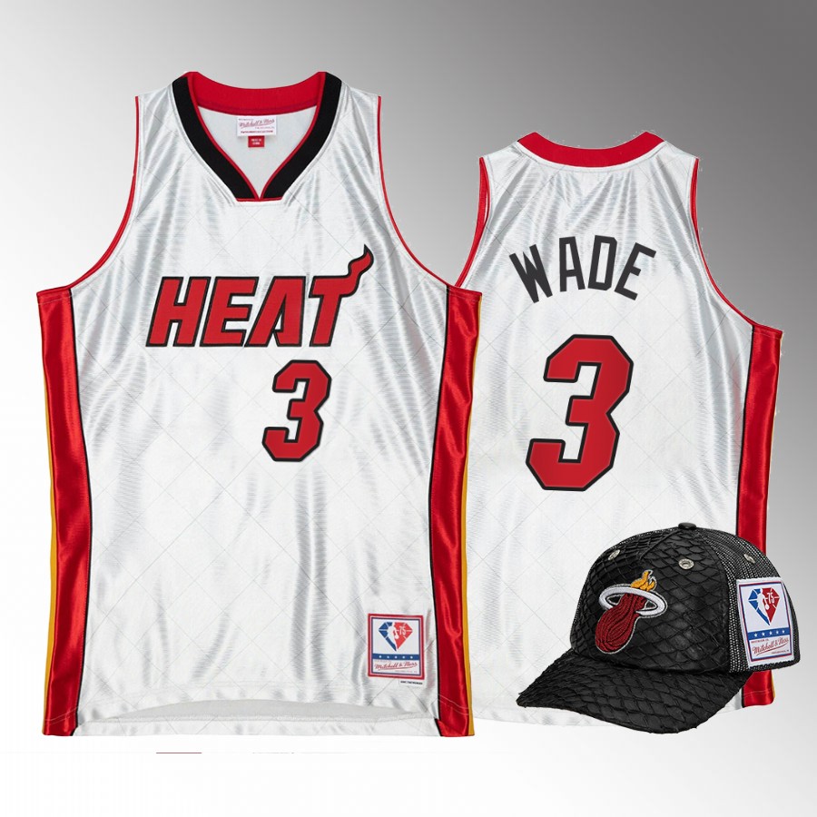 Miami Heat Dwyane Wade 75th Platinum Jersey #3 White Lux Trucker Hat Set