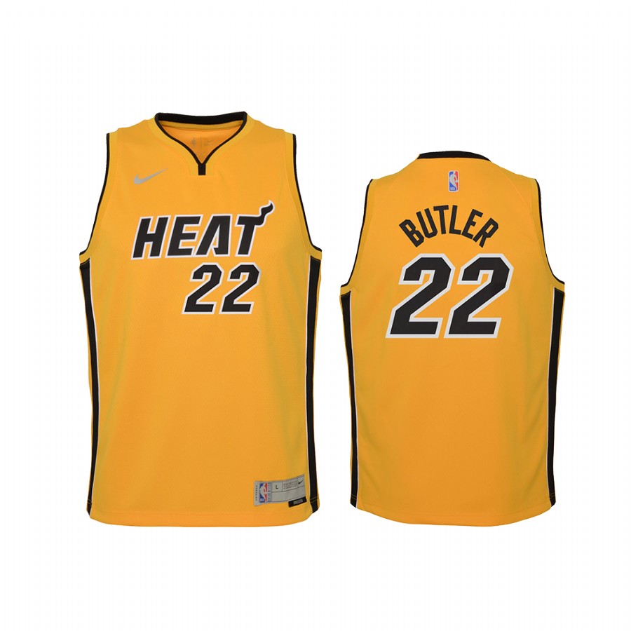 Miami Heat Jimmy Butler 2021 Earned Edition Yellow Youth Jersey Swingman #22