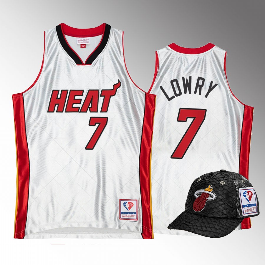 Miami Heat Kyle Lowry 75th Platinum Jersey #7 White Lux Trucker Hat Set