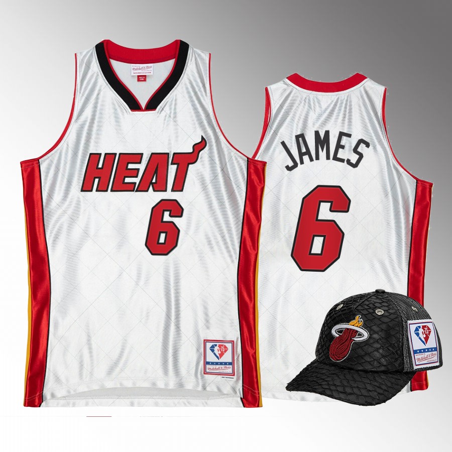 Miami Heat LeBron James 75th Platinum Jersey #6 White Lux Trucker Hat Set