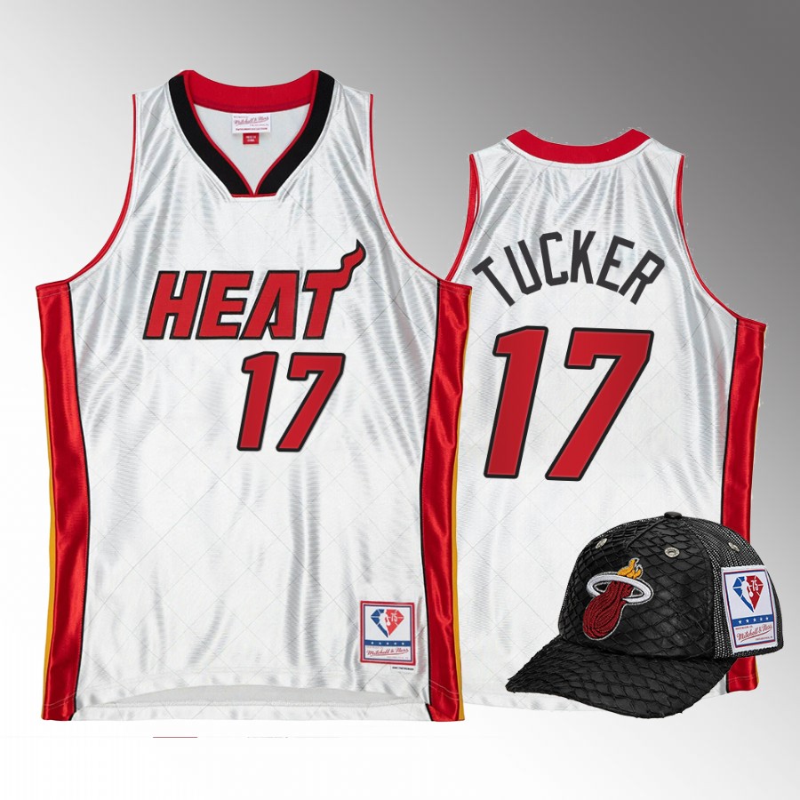 Miami Heat P.J. Tucker 75th Platinum Jersey #17 White Lux Trucker Hat Set