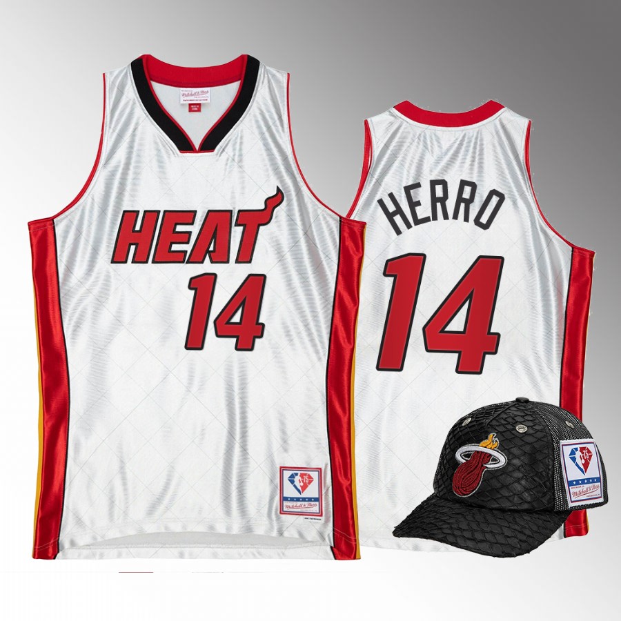 Miami Heat Tyler Herro 75th Platinum Jersey #14 White Lux Trucker Hat Set