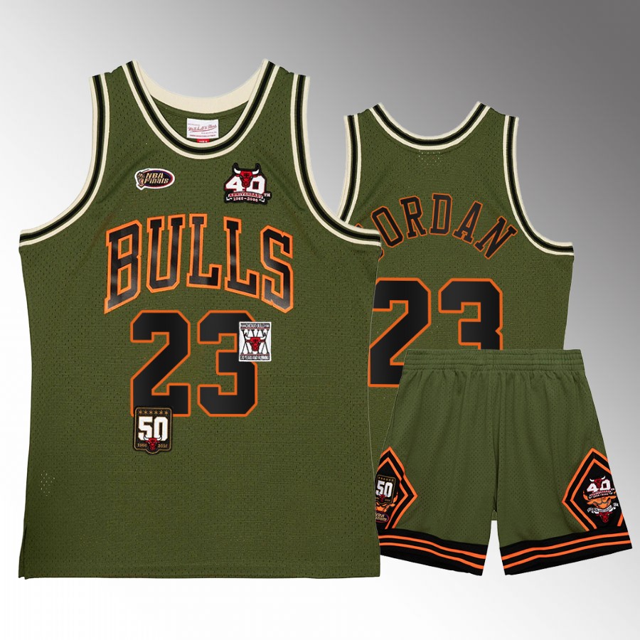 Michael Jordan #23 Chicago Bulls Military Flight patchs Green Shorts Set Jersey