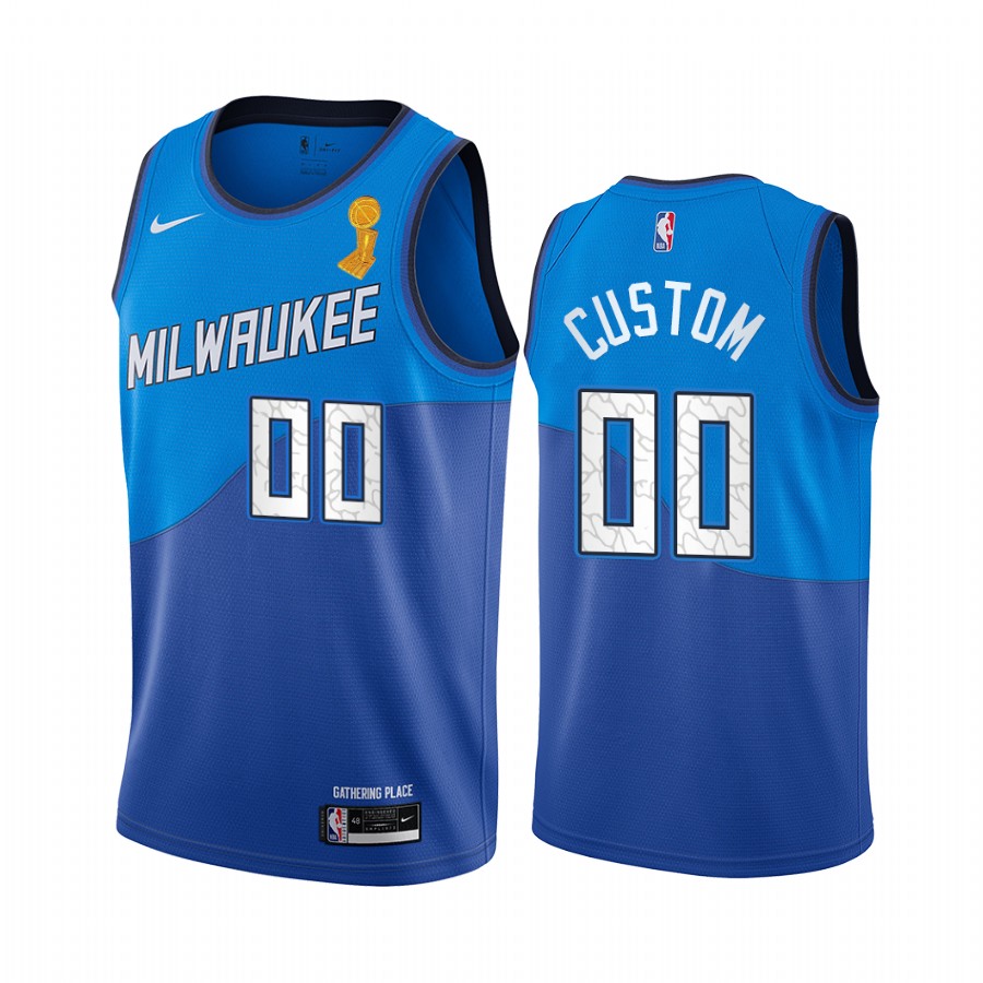 Milwaukee Bucks Custom 2021 NBA Finals Champions Jersey Blue City Edition #00