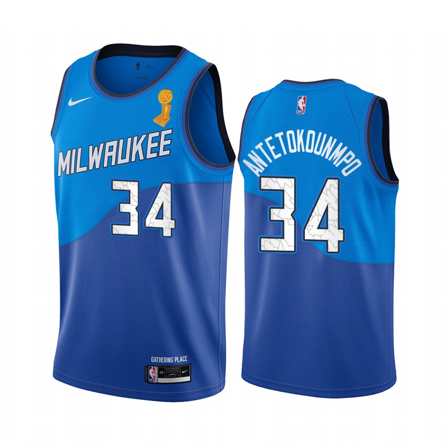 Milwaukee Bucks Giannis Antetokounmpo 2021 NBA Finals Champions Jersey Blue City Edition #34