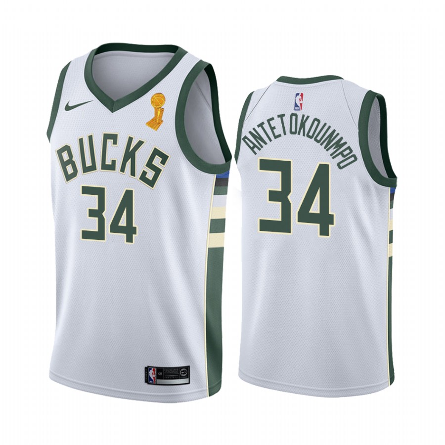 Milwaukee Bucks Giannis Antetokounmpo 2021 NBA Finals Champions Jersey White #34
