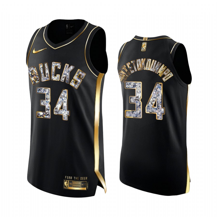 Milwaukee Bucks Giannis Antetokounmpo Black Golden Diamond Edition Jersey 2022 NBA Playoffs #34