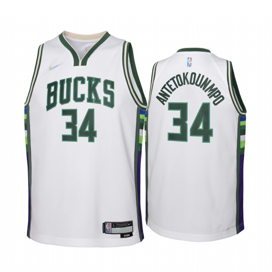 Milwaukee Bucks Giannis Antetokounmpo City Edition White Youth Jersey NBA 75th Season #34