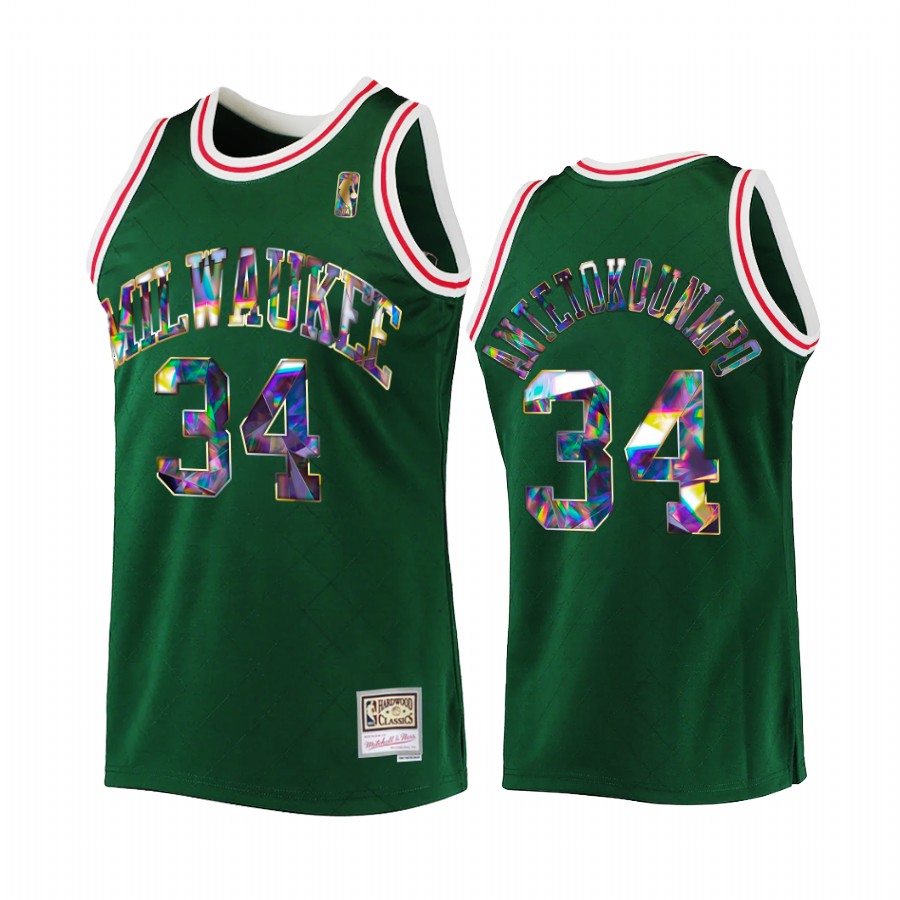 Milwaukee Bucks Giannis Antetokounmpo Green NBA 75th Diamond Badge Men Jersey Throwback