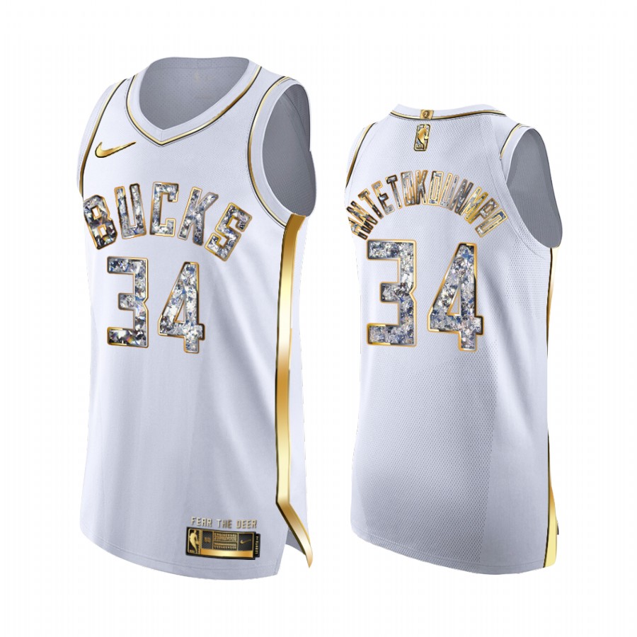 Milwaukee Bucks Giannis Antetokounmpo White Diamond Edition Jersey 2022 NBA Playoffs #34