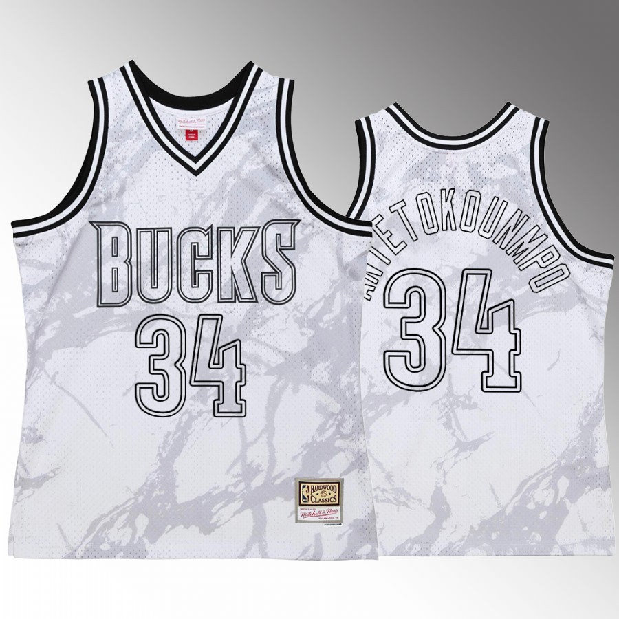 Milwaukee Bucks Giannis Antetokounmpo White Marble Men Jersey Hardwood Classics