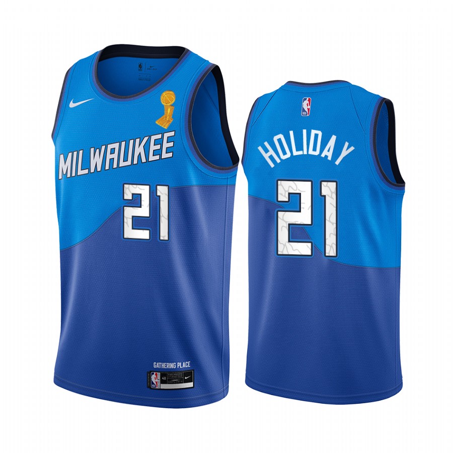 Milwaukee Bucks Jrue Holiday 2021 NBA Finals Champions Jersey Blue City Edition #21
