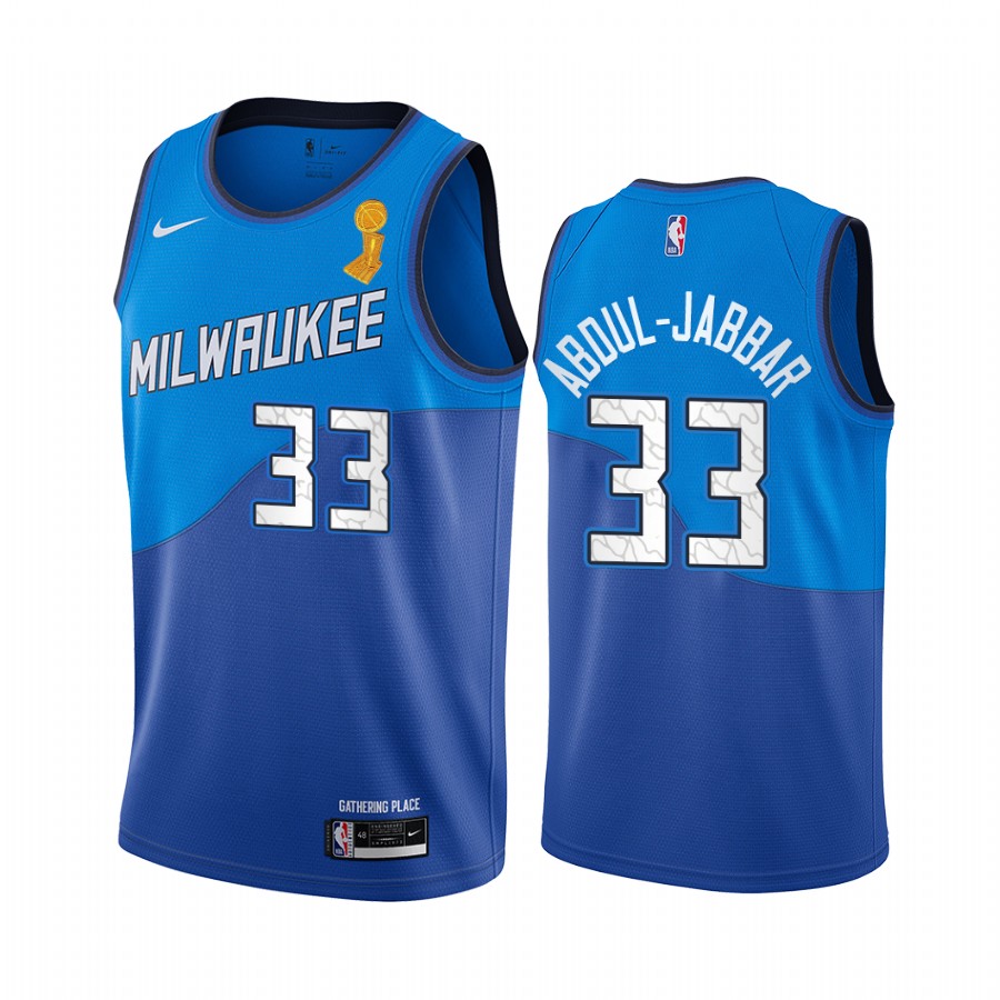 Milwaukee Bucks Kareem Abdul-Jabbar 2021 NBA Finals Champions Jersey Blue City Edition #33