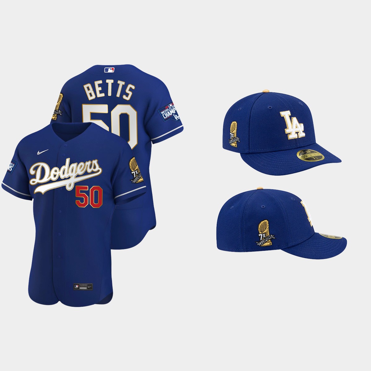 Mookie Betts Los Angeles Dodgers 7X Champs Trophy Jersey Cap Jersey - Royal