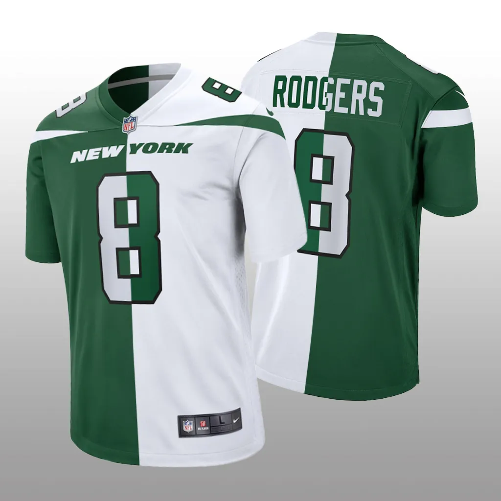 New York Jets Aaron Rodgers Green White Game Split - Men's