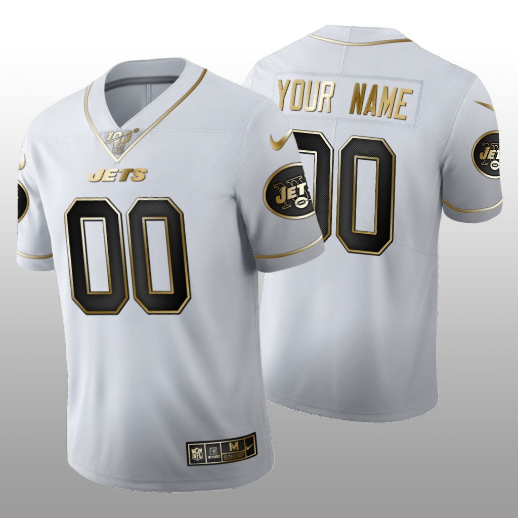 New York Jets Custom White Golden Edition Jersey 100th Season Men's