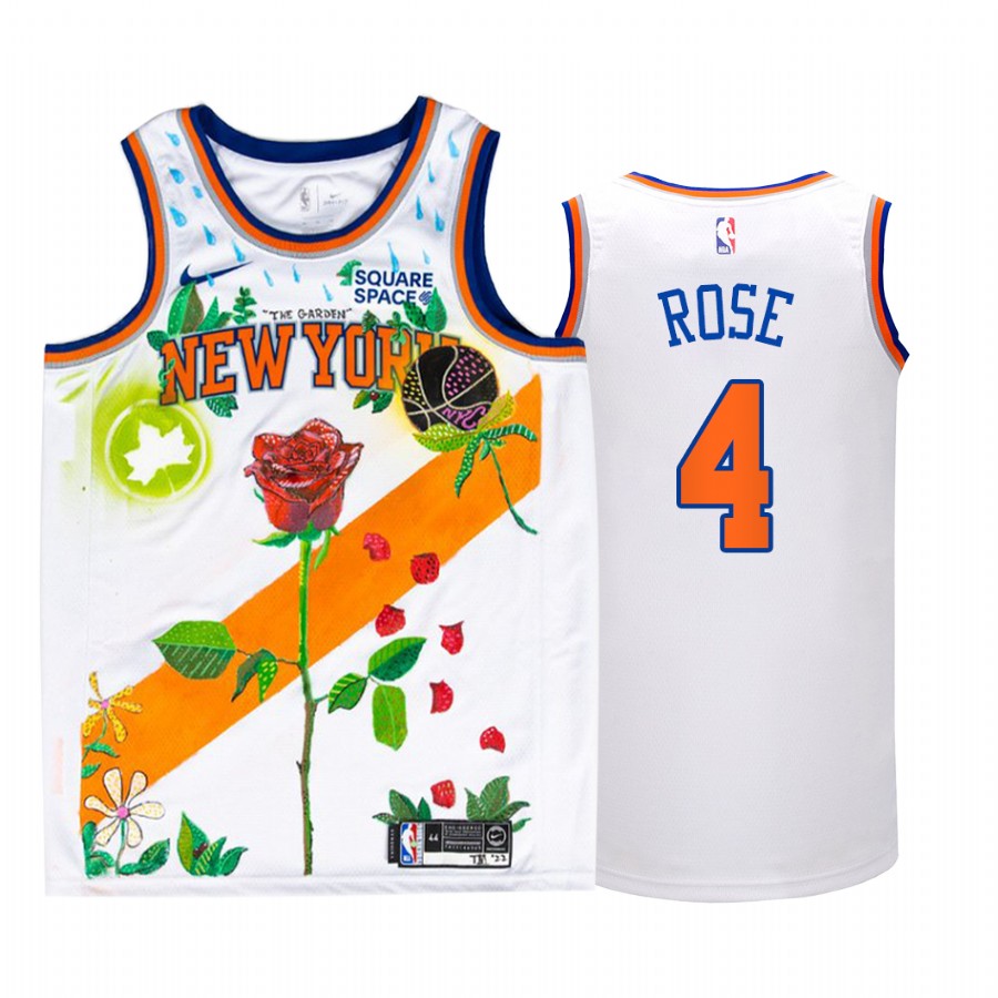 New York Knicks Derrick Rose Garden of Dreams White Jersey #4 Rose Art