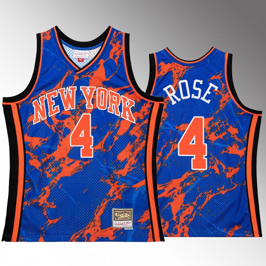 New York Knicks Derrick Rose Marble Swingman #4 Blue Hardwood Classics Jersey