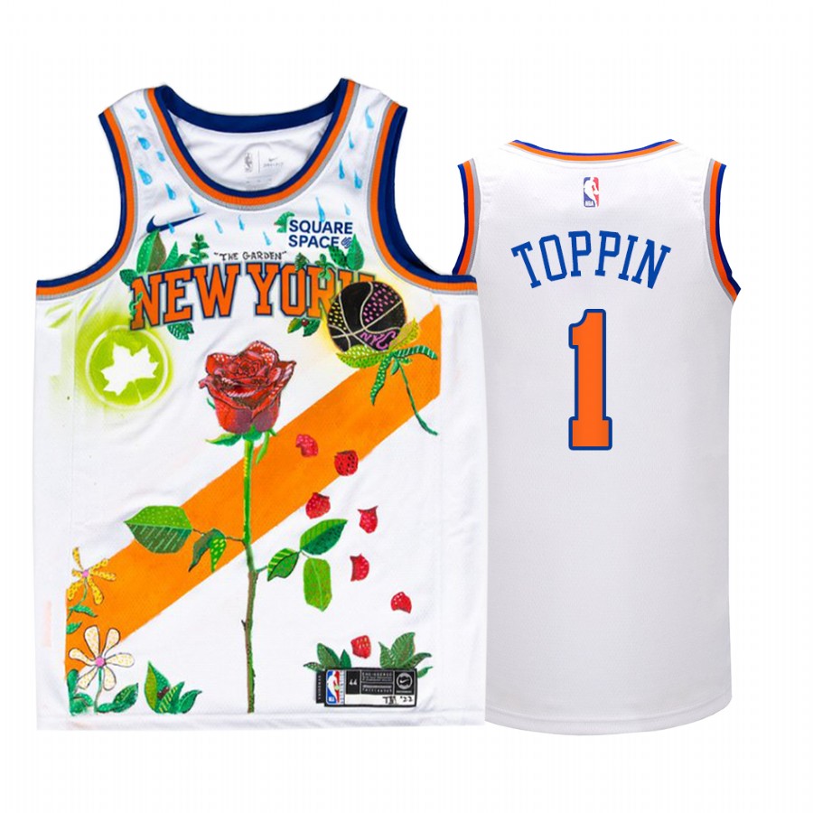 New York Knicks Obi Toppin Garden of Dreams White Jersey #1 Rose Art