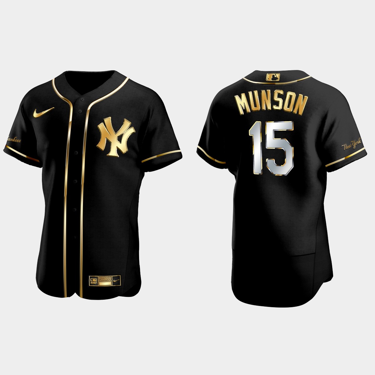 New York Yankees #15 Thurman Munson Golden Edition Jersey - Black