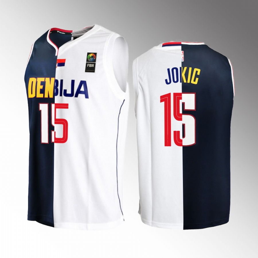 Nikola Jokic Special Split Nuggets X Serbia #15 Navy White Jersey 2x NBA MVP