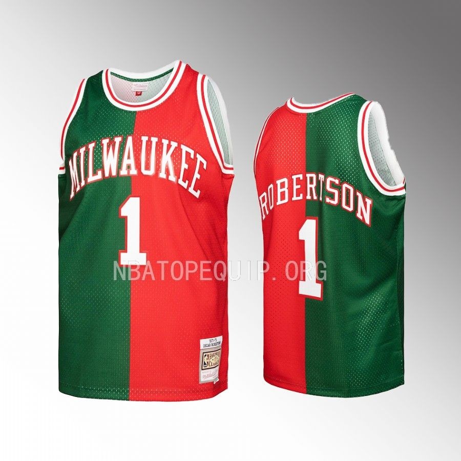 Oscar Robertson Hardwood Classics 1971-72 Jersey Milwaukee Bucks #1 Green Red Split Swingman Men's Shirt