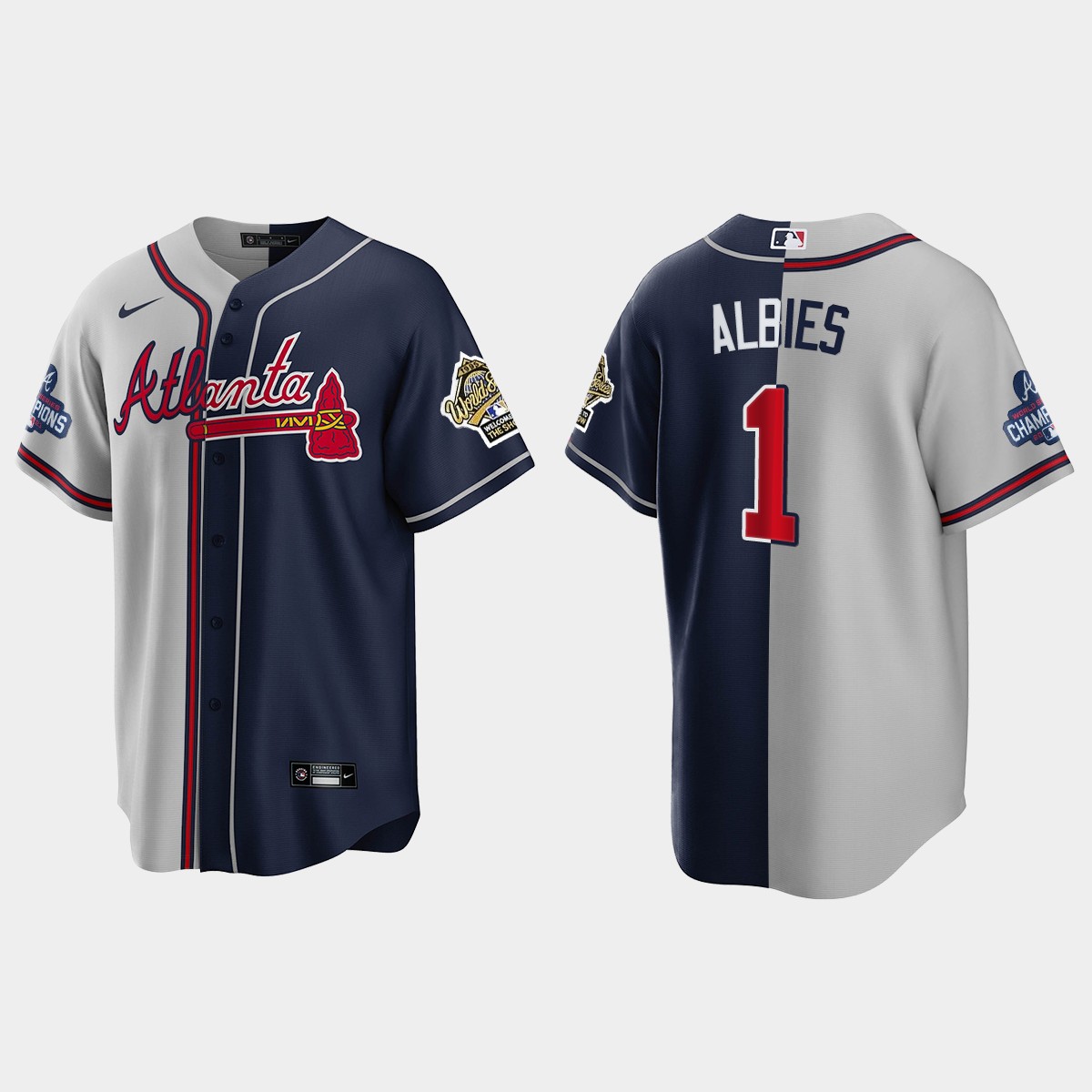 Ozzie Albies Atlanta Braves 2021 World Series Champions 1995 Throwback Split Jersey - Gray Navy