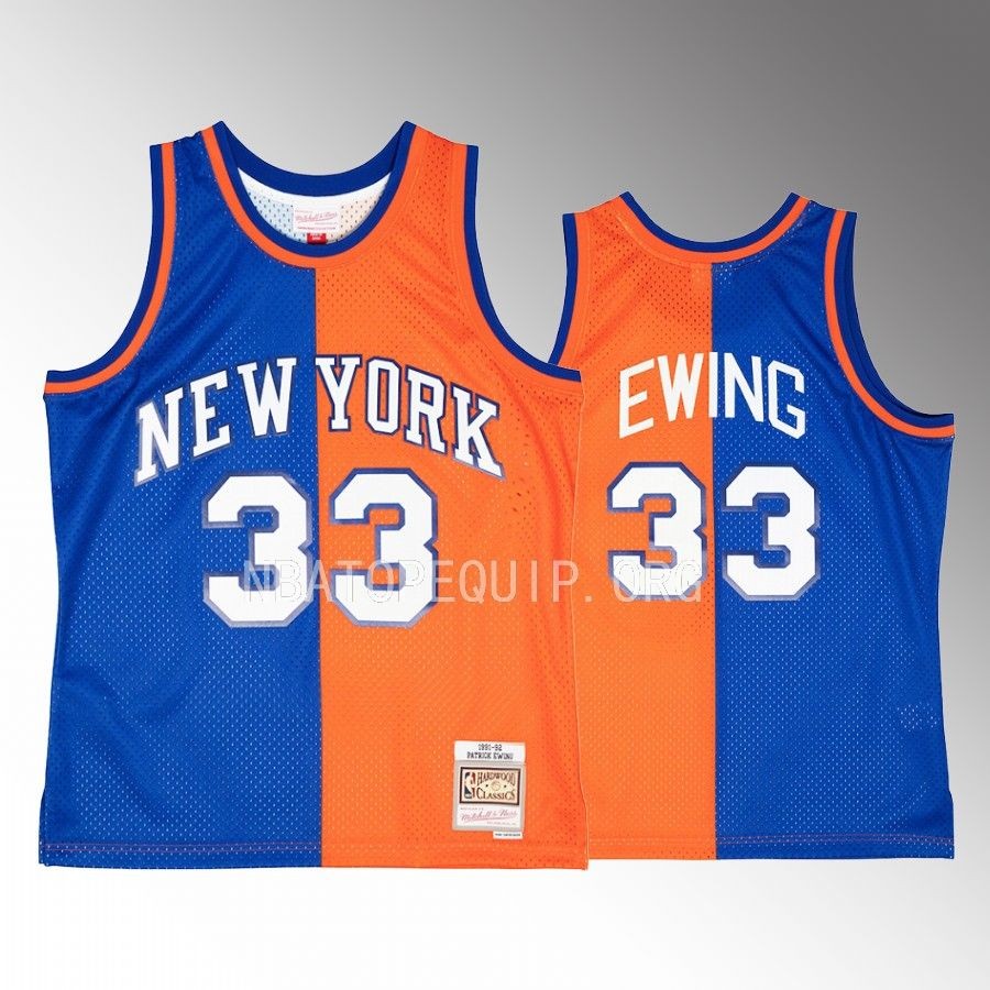 Patrick Ewing Hardwood Classics 1991-92 Jersey New York Knicks #33 Blue Orange Split Swingman Men's Shirt