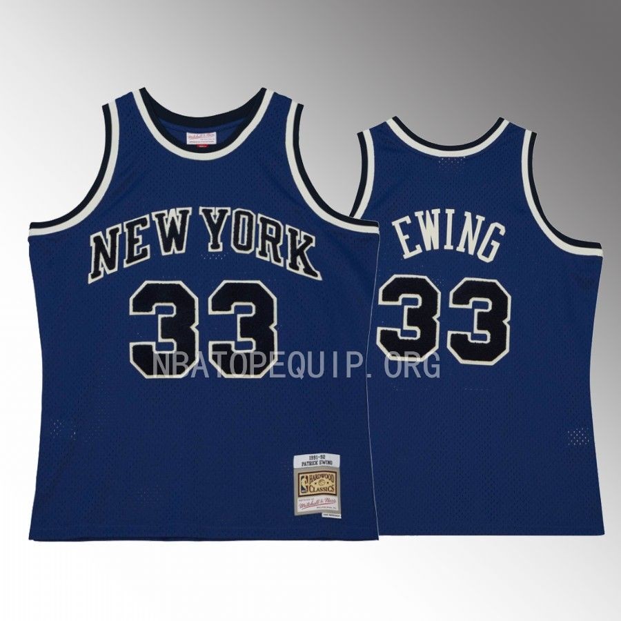 Patrick Ewing New York Knicks #33 Off Court Chenille Jersey Blue Hardwood Classics 1991-92 Men