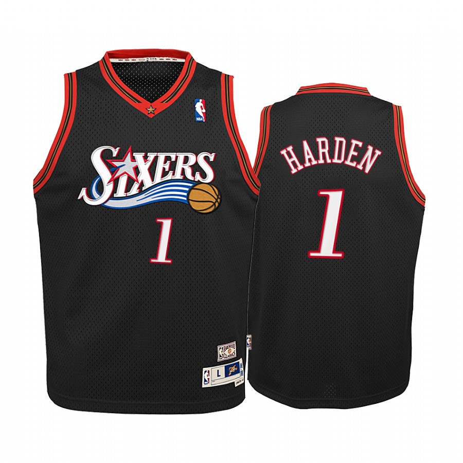 Philadelphia 76ers James Harden Hardwood Classics Black Youth Jersey 2022 Trade #1