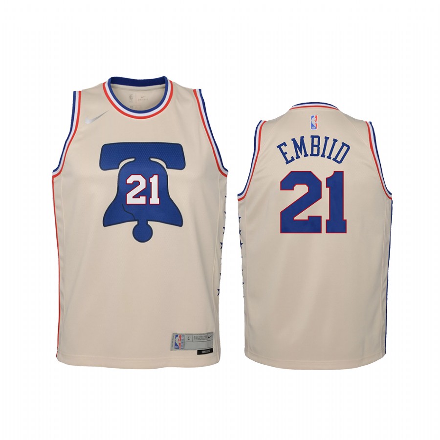 Philadelphia 76ers Joel Embiid 2021 Earned Edition Cream Youth Jersey Swingman #21