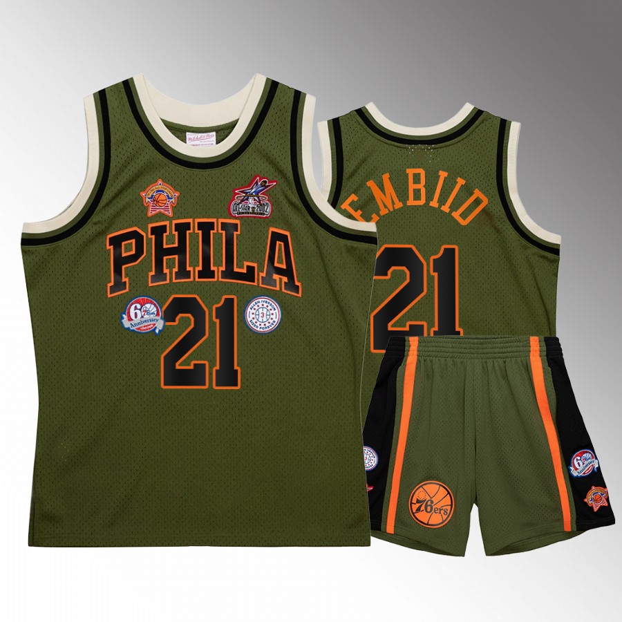 Philadelphia 76ers Joel Embiid Green Military Flight patchs Men Jersey Shorts Set