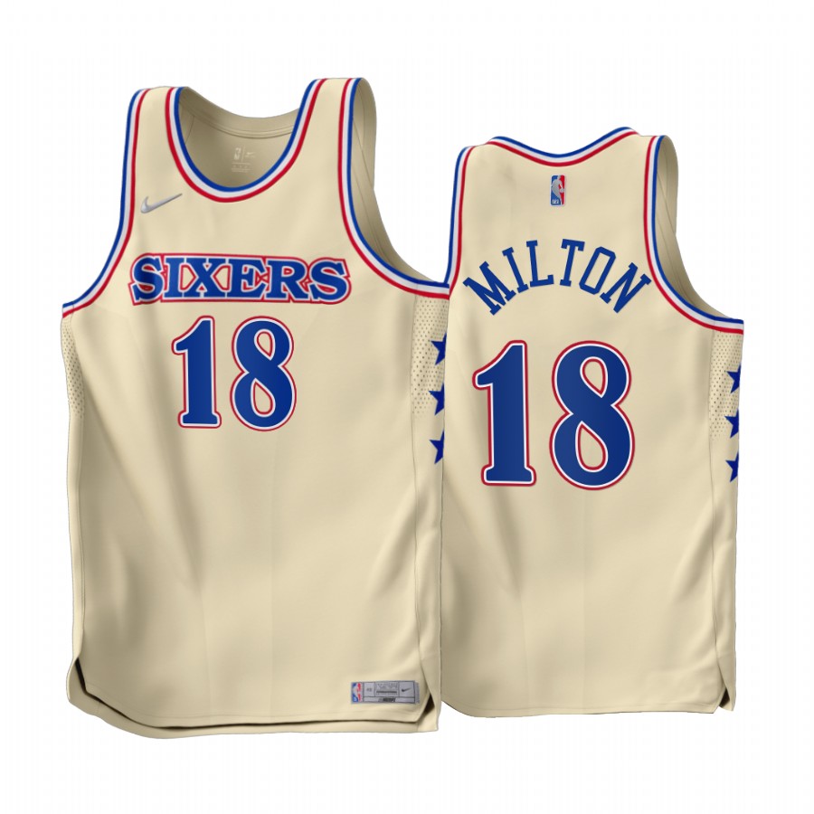 Philadelphia 76ers Shake Milton 2022-23 Earned Edition Cream #18 Jersey