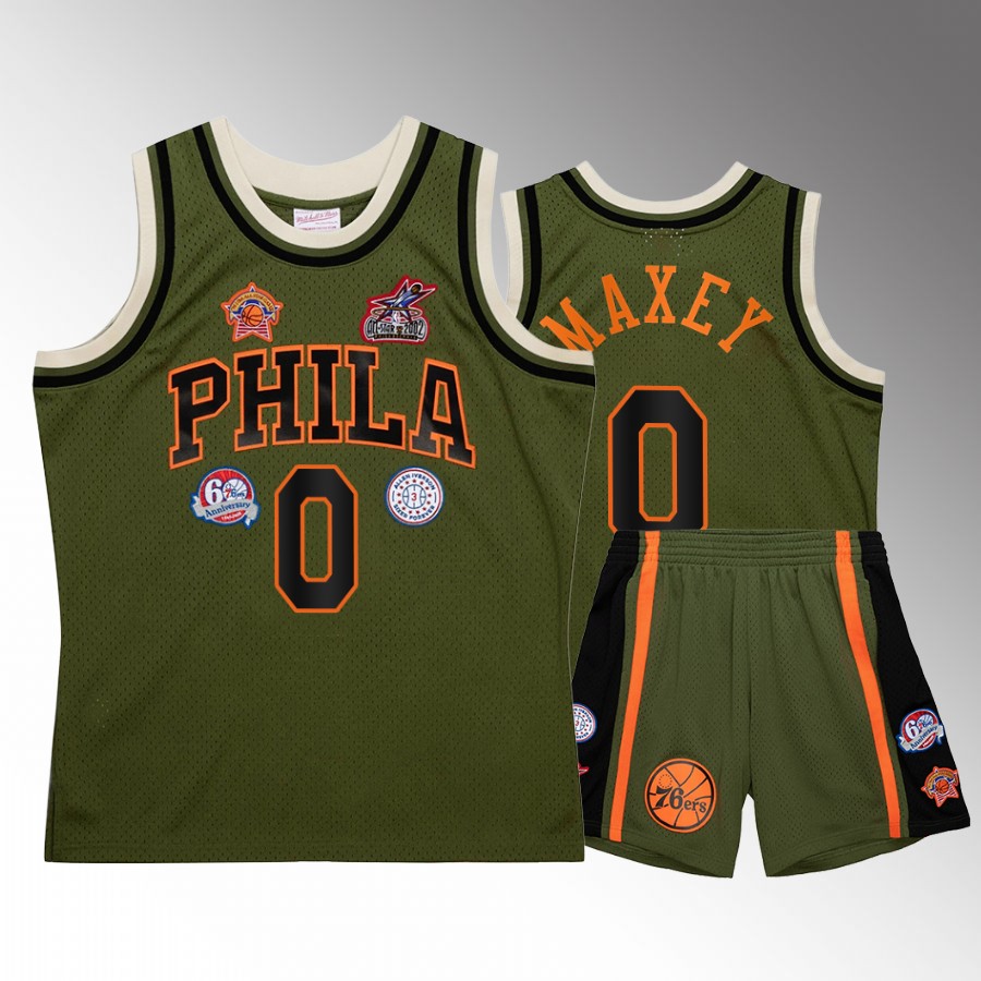 Philadelphia 76ers Tyrese Maxey Green Military Flight patchs Men Jersey Shorts Set