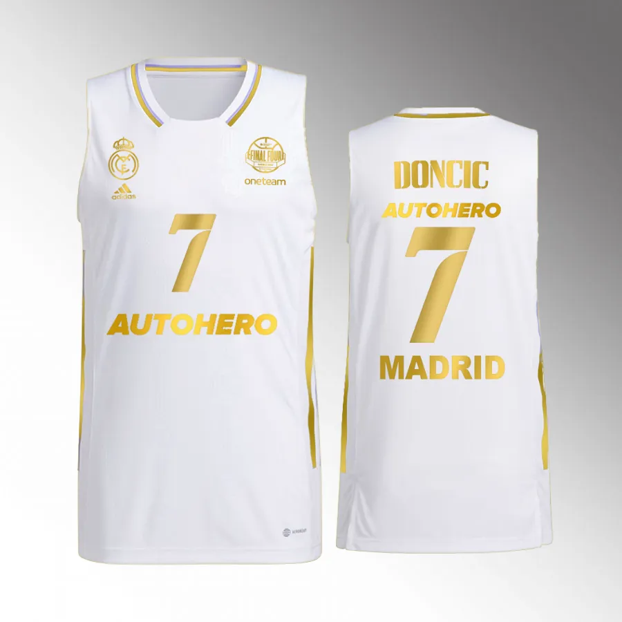 Real Madrid  Euroleague CHAMP11ONS Luka Doncic White #7 Jersey Golden Edition
