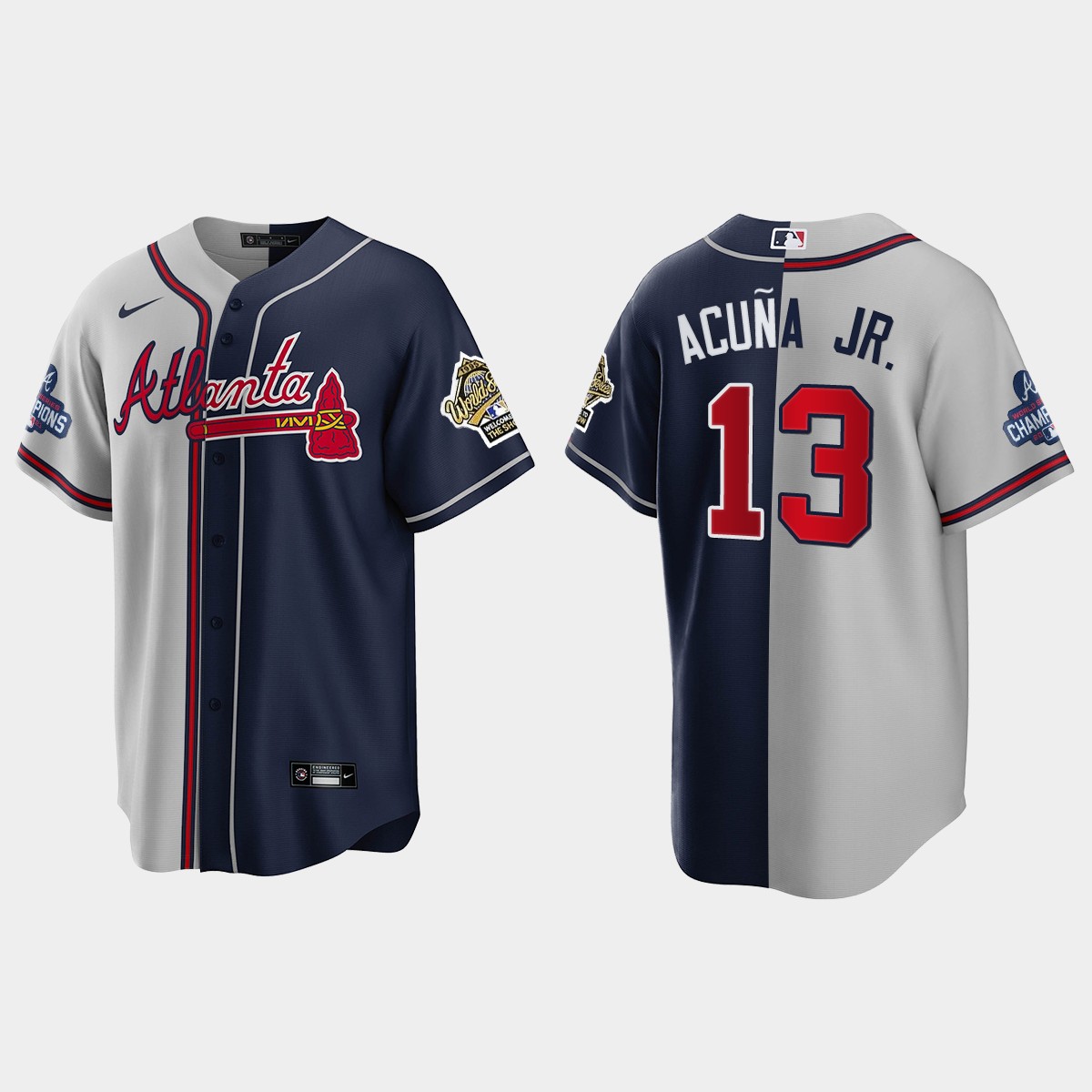 Ronald Acuna Jr. Atlanta Braves 2021 World Series Champions 1995 Throwback Split Jersey - Gray Navy